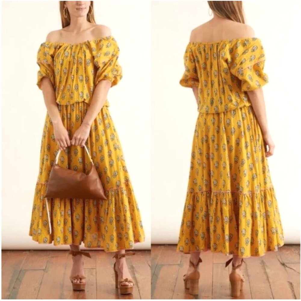 RHODE Resort Frida Printed Midi Dress Womens M Yellow Floral Off Shoulder Boho
